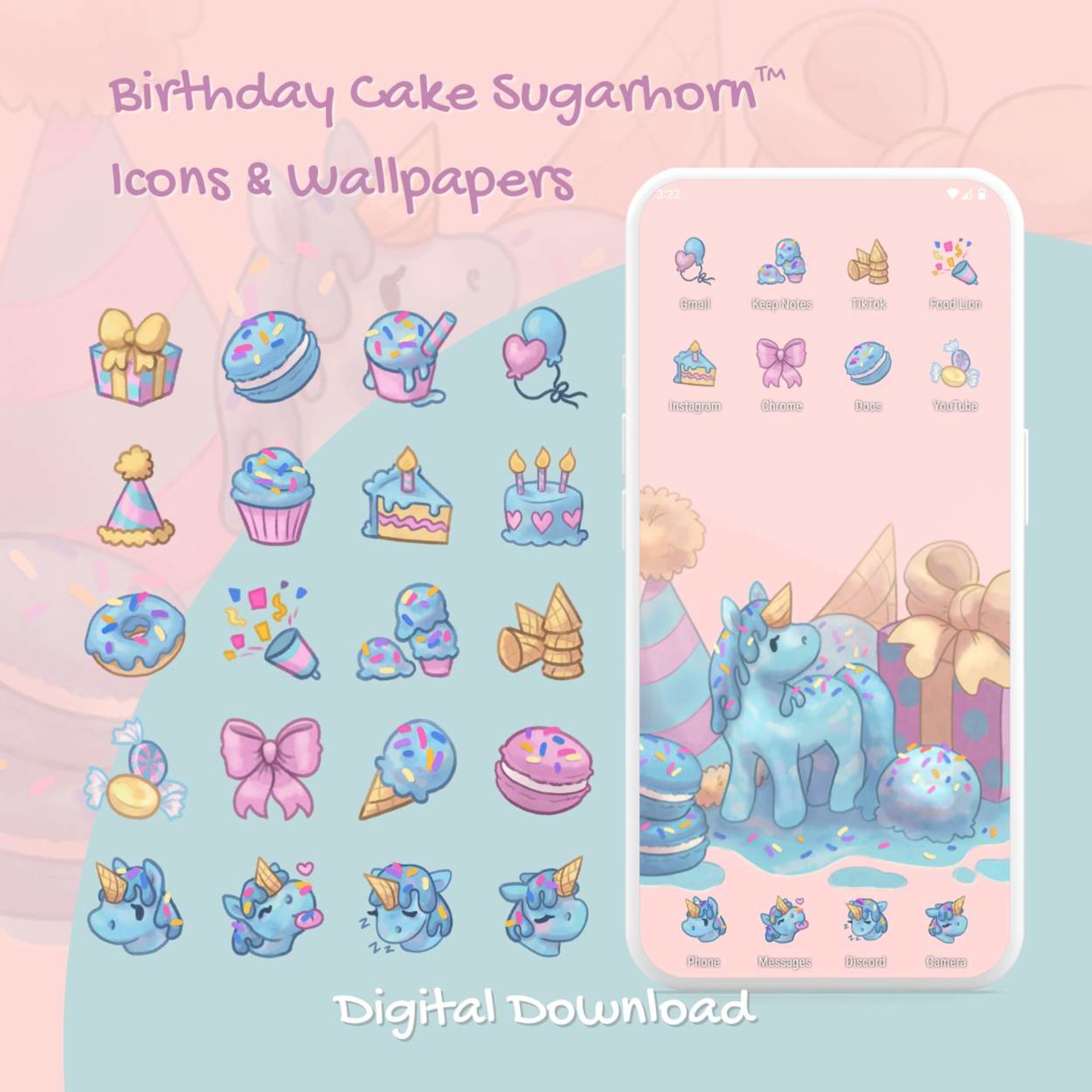 Birthday Cake Sugarhorn™ Phone Wallpaper and Icon Set (Digital Download)